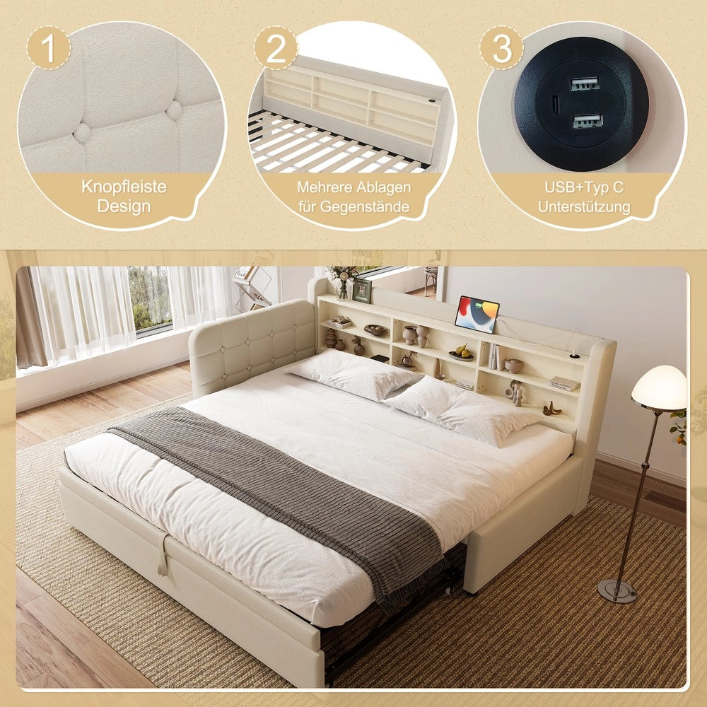 Letto Singolo Estraibile con Rete a Doghe ¨C MINIMAL ¨C Lino Beige, 90x200 cm