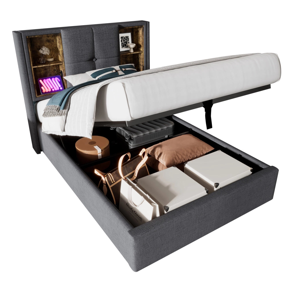Letto singolo 90x200 grigio in cotone con contenitore e ricarica USB-C
