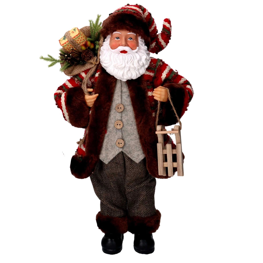 Babbo natale in tessuto marrone e rosso con slittino cm xh45