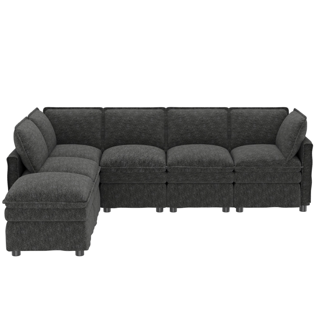 Divano modulare 6 posti in ciniglia grigio con pouf, 344 cm