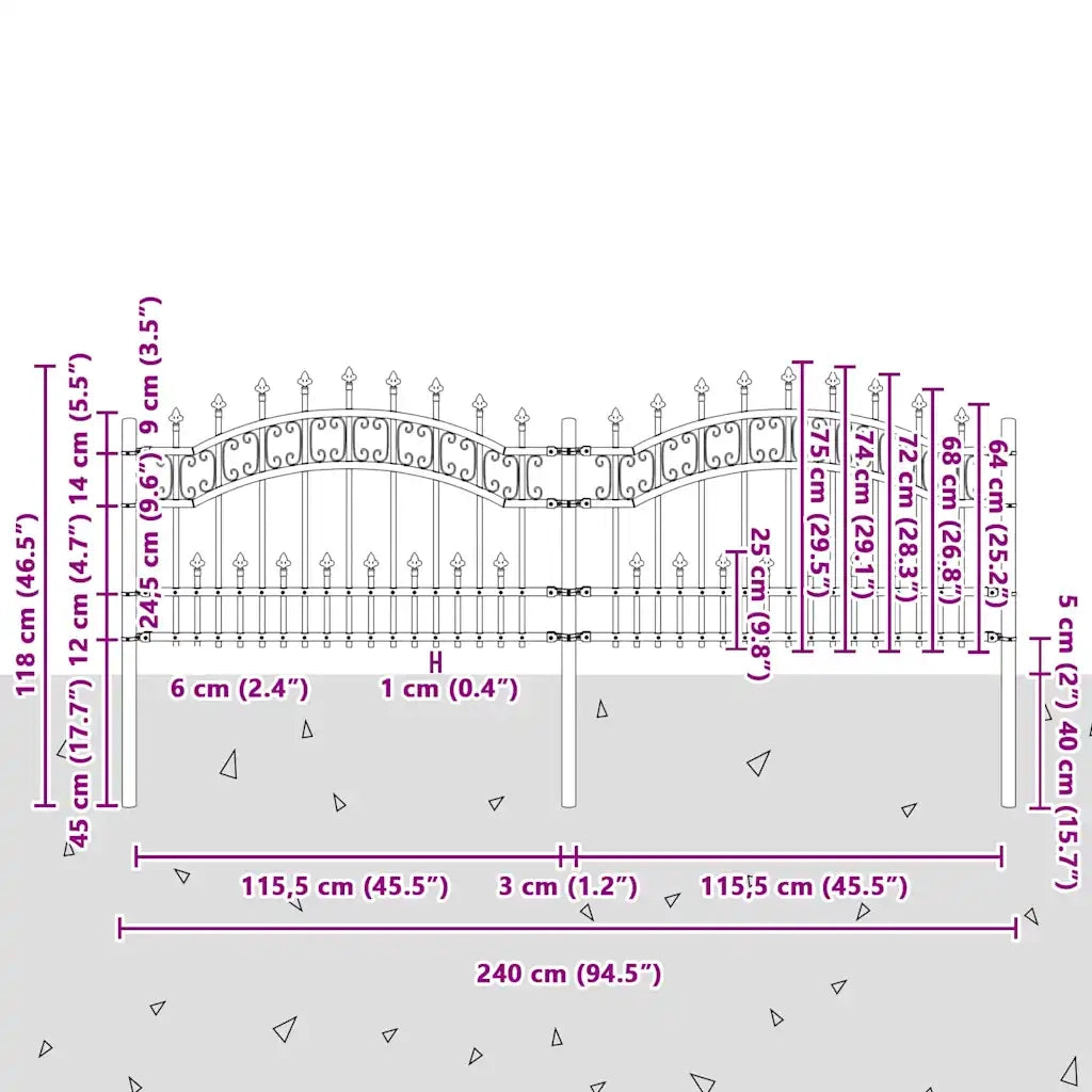 Recinzione da Giardino Kampen con Punta a Lancia Nera 240x75 cm in Acciaio 151084