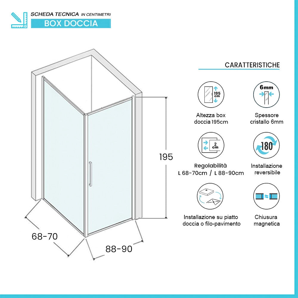 Box doccia angolare 70x90 in vetro temperato trasparente battente con profili nero opaco Neos