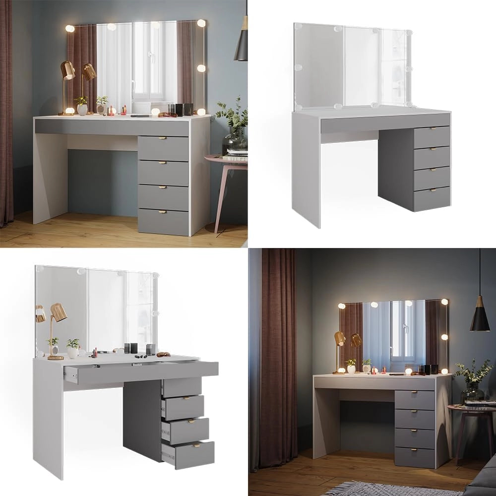 Tavolo da toeletta Elise, Bianco/grigio/grigio, 115 cm con illuminazione a LED, con illuminazione LED e superficie a specchio integrata