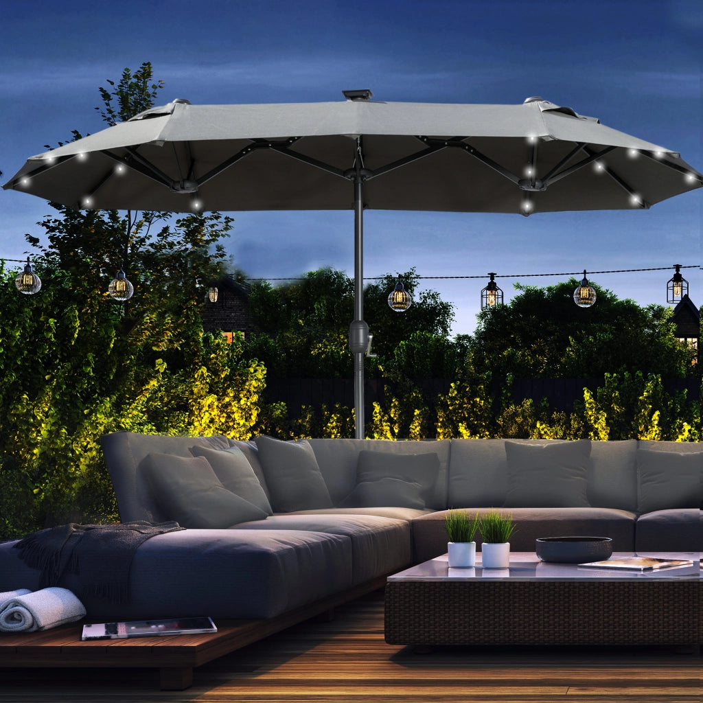 Ombrellone doppio inclinabile con pannello solare e LED ¨C zephmum ¨C grigio, acciaio, 292x150x218 cm