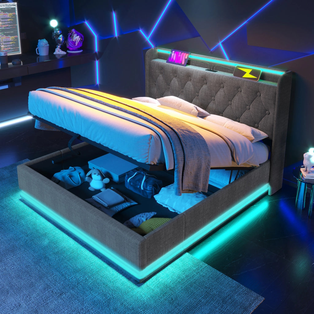 Letto imbottito 180x200 cm grigio in lino con LED; testiera con USB e vano contenitore idraulico