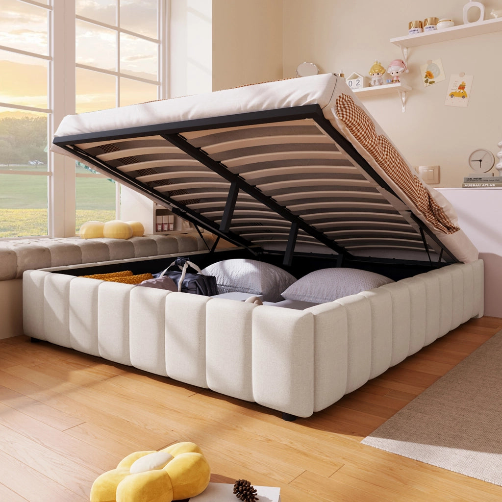 Letti contenitori 140x200 cm; contenitore idraulico senza testiera; lino e MDF beige (Senza materasso)