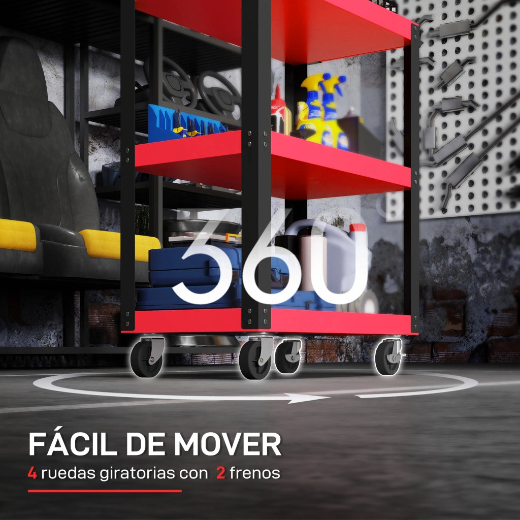 Carrello Portautensili con 3 Ripiani Ruote e Maniglie ¨C Xylo ¨C Capacit¨¤ 120 kg Rosso e Nero