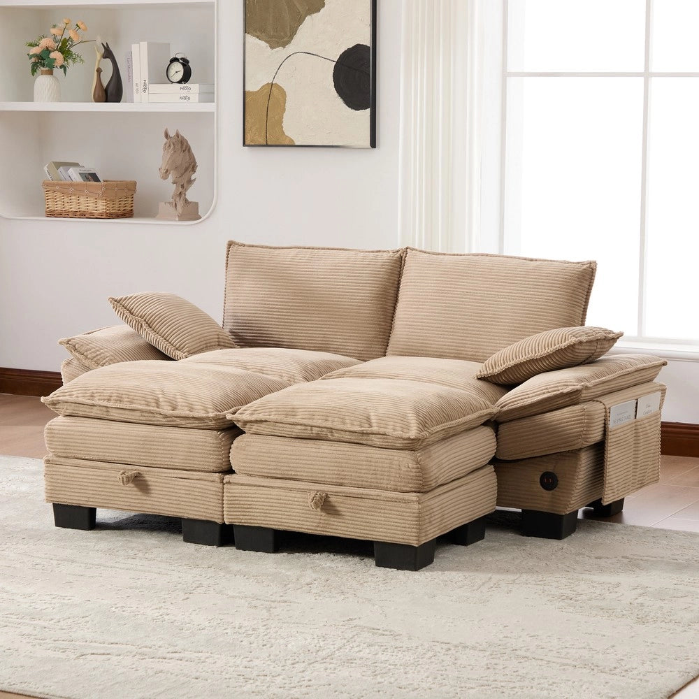 Divano 2 Posti con Poggiapiedi in Tessuto ¨C Xylo ¨C Beige/Khaki