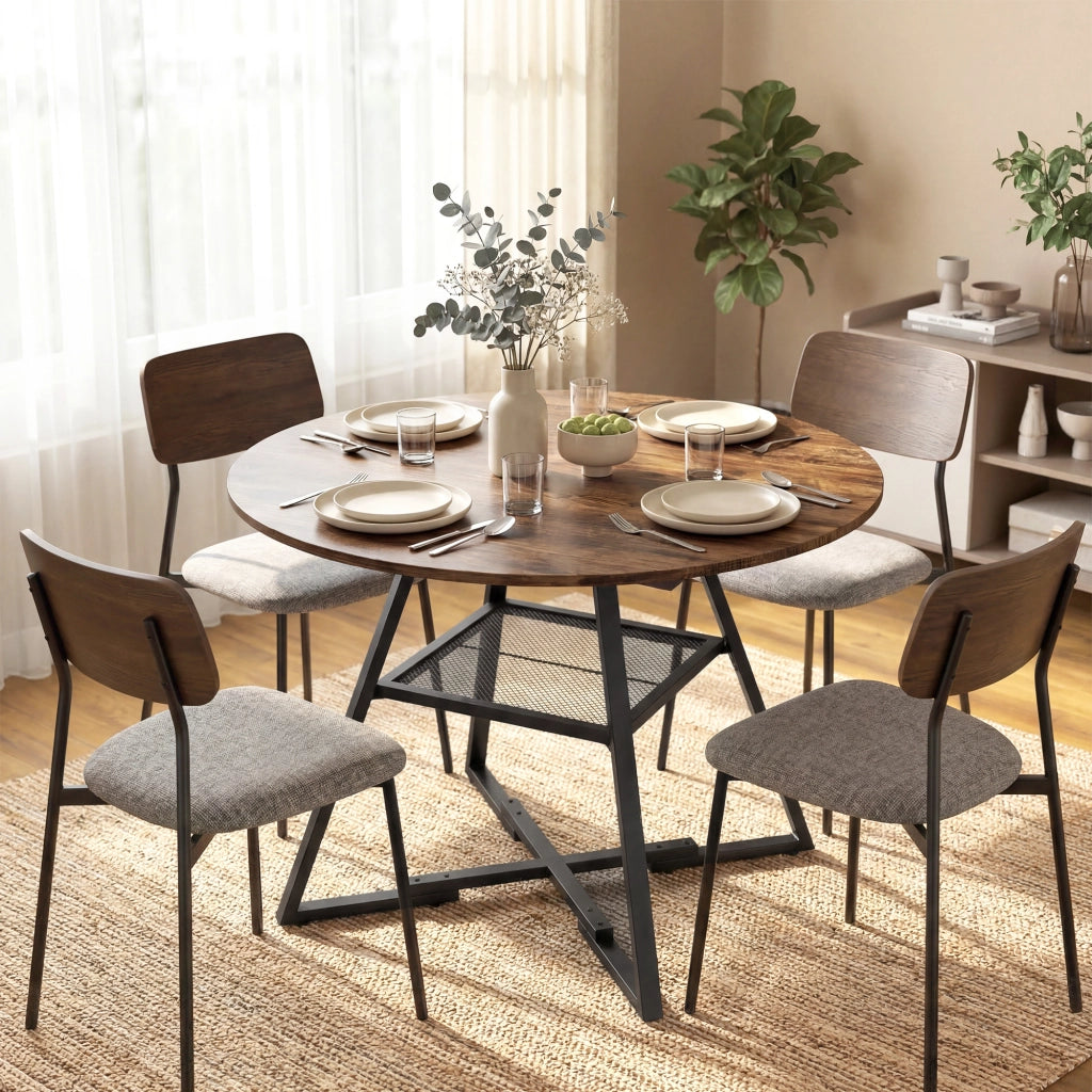 Tavolo da pranzo 4 posti, 100 cm rotondo, cucina industriale, ripiano portaoggetti, marrone rustico.