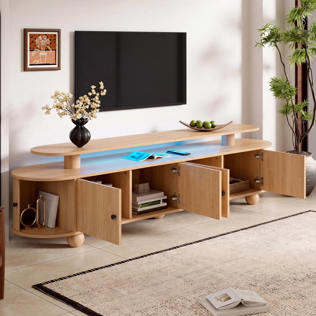 Mobile porta TV ovale a doppio livello con 4 ante e 2 porte scorrevoli, LED ambiente, per soggiorno, naturale 180 × 40 × 48 cm