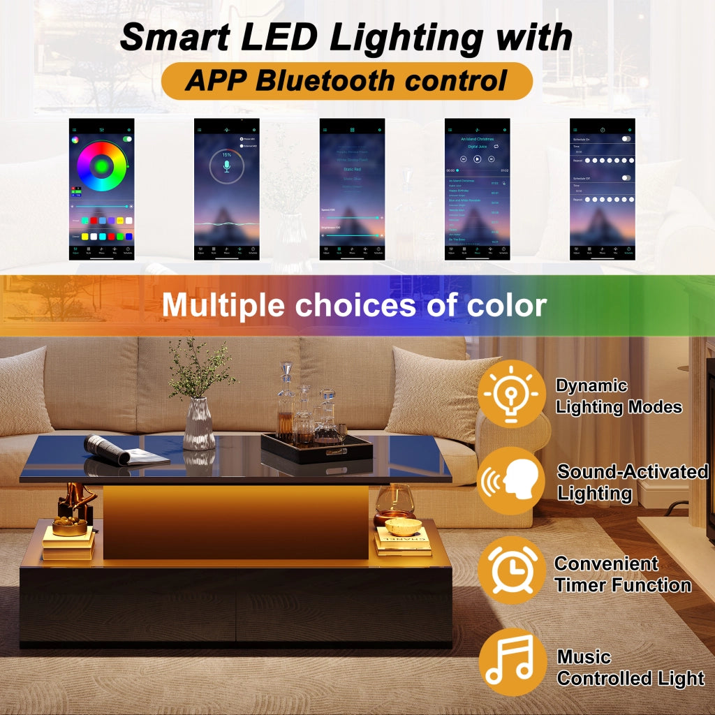 Tavolino da caffè sollevabile LED con 4 cassetti e vano portaoggetti, per soggiorno, nero, 90 × 55 × 41 cm