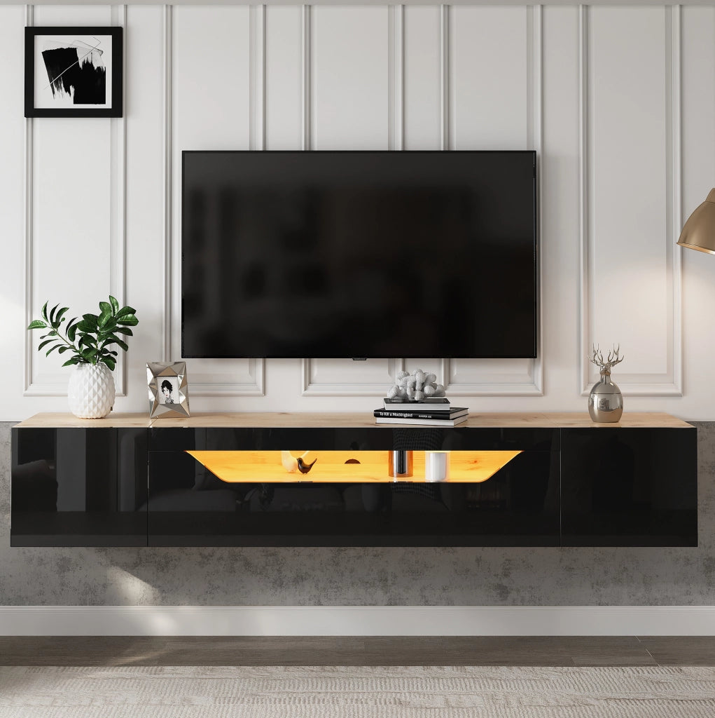 Mobile TV sospeso 180x37x36 cm con LED e 3 vani in pannello truciolare nero e naturale