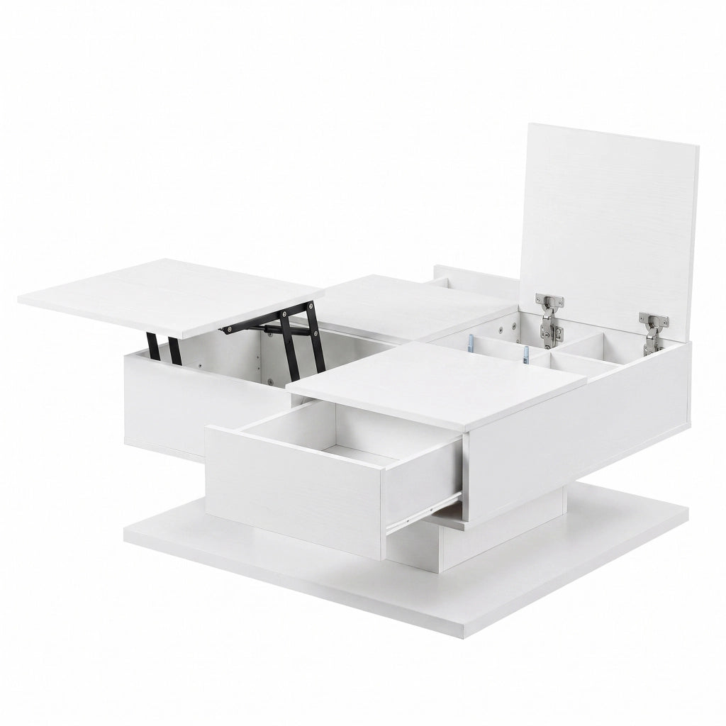 Tavolino da caffè multifunzione 72x72 cm con piano elevabile; LED e cassetti bianco