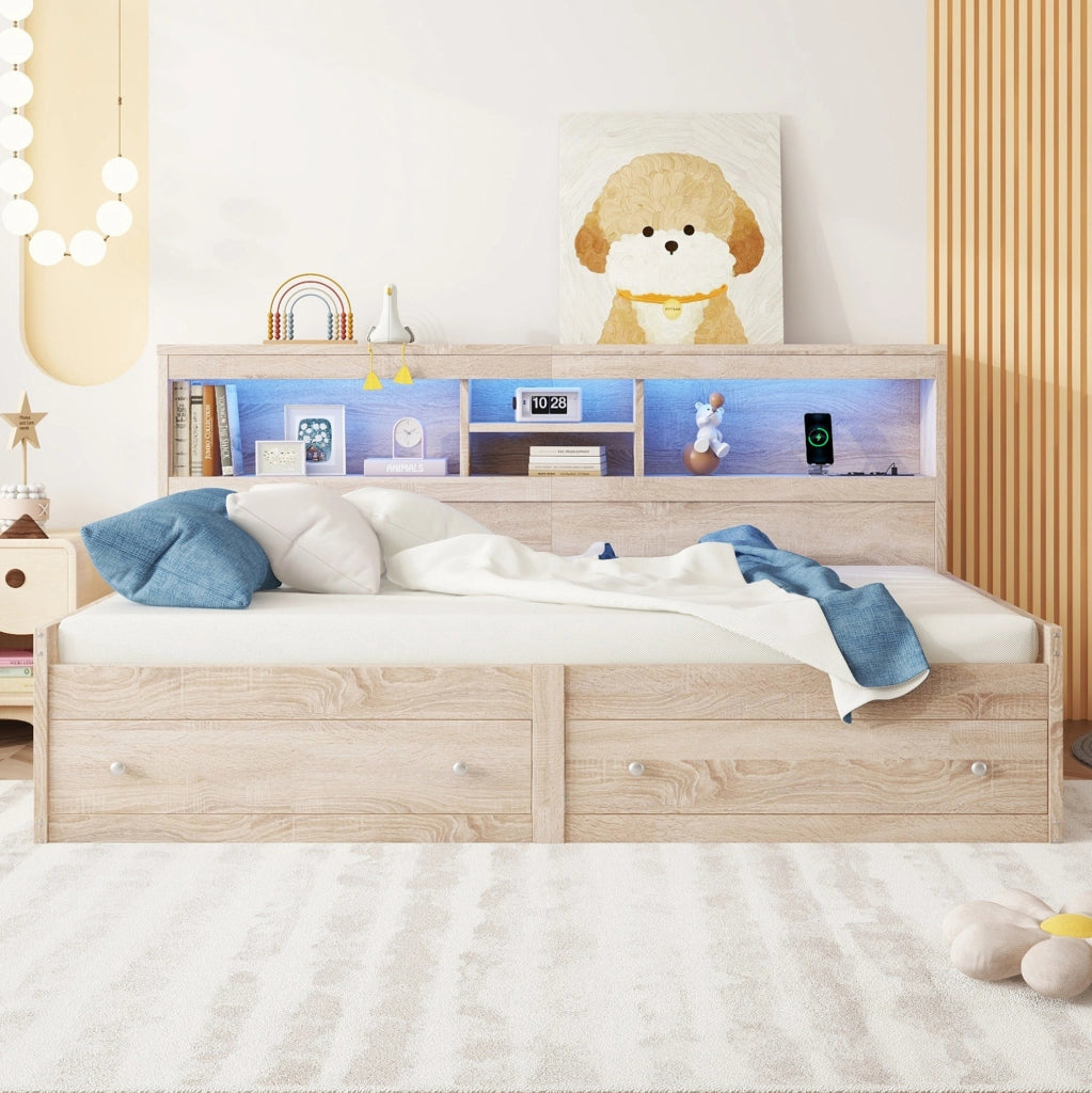 Letto singolo 90x200 con LED, USB, prese e 2 cassetti