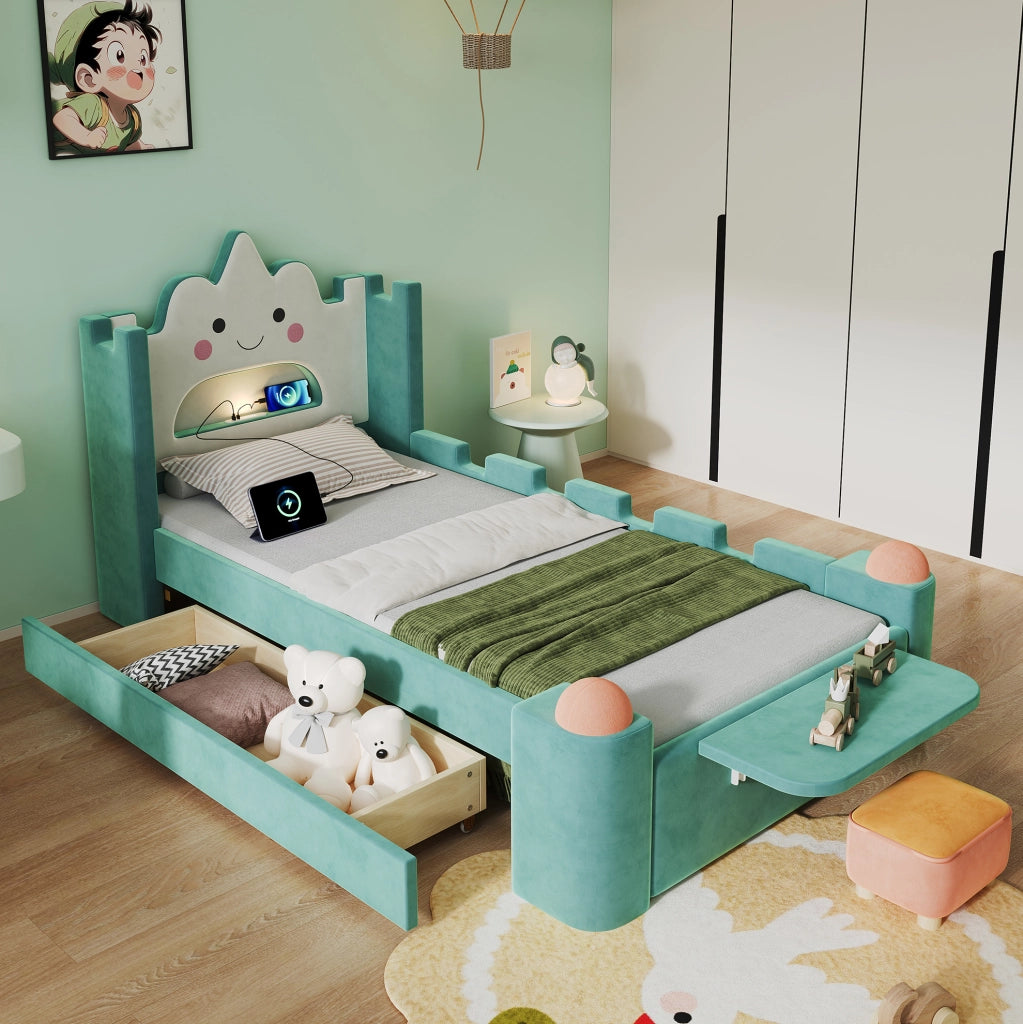 Letto imbottito per bambini a forma di nuvola con luce LED, USB e cassetto