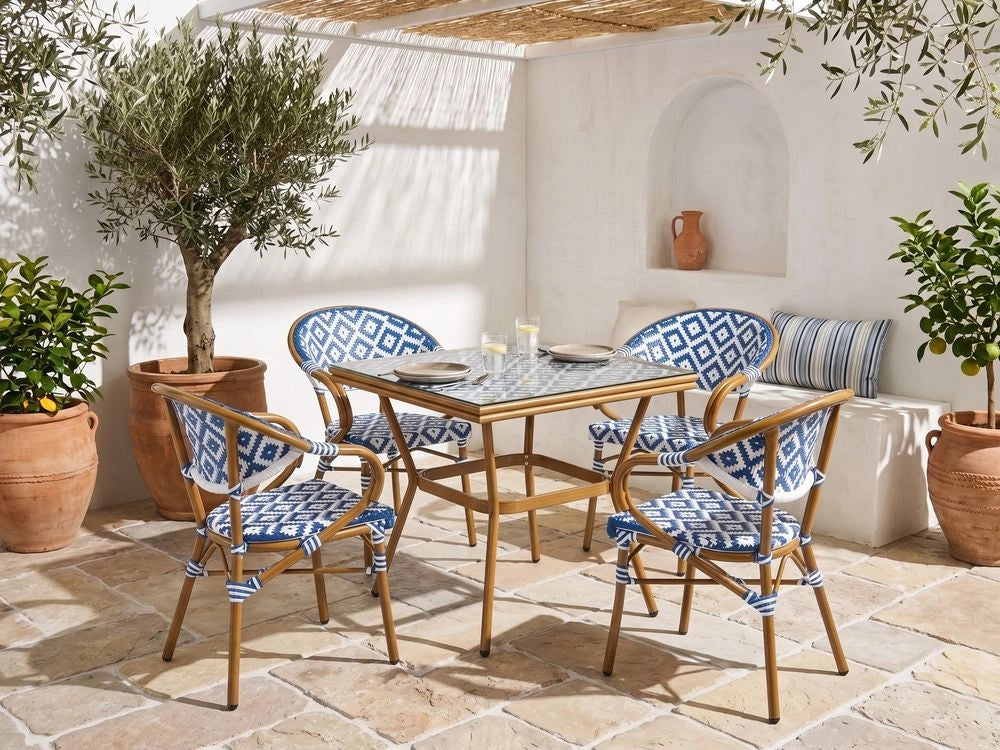Set da pranzo da giardino a 4 posti in rattan marrone scuro e alluminio Bianco e blu struttura in alluminio
