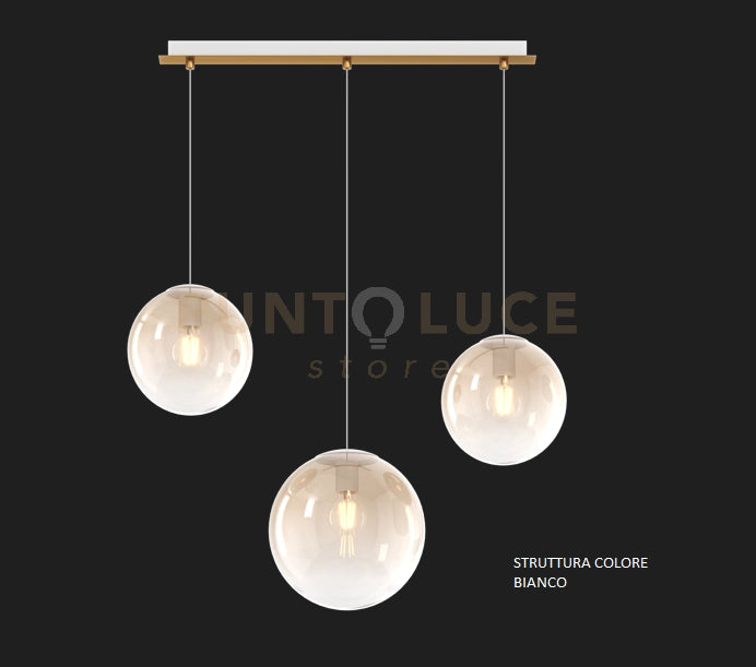 SOSP. BIANCO 3 LUCI RETTANGOLARE VETRI (2 PICCOLI +1 MEDIO) TUTTI AMBRA 1194BI-S3 RPM-AM