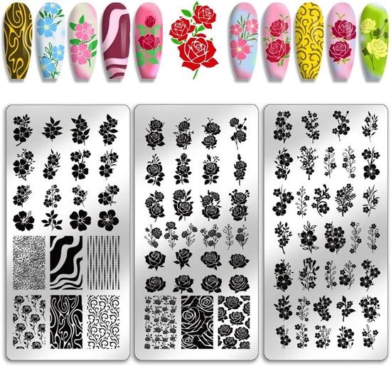 Kit di stampe per chiodi in acciaio inossidabile - Disegno a fiori e rami - Stampaggio a chiodo - Stampi DIY - 3 pezzi