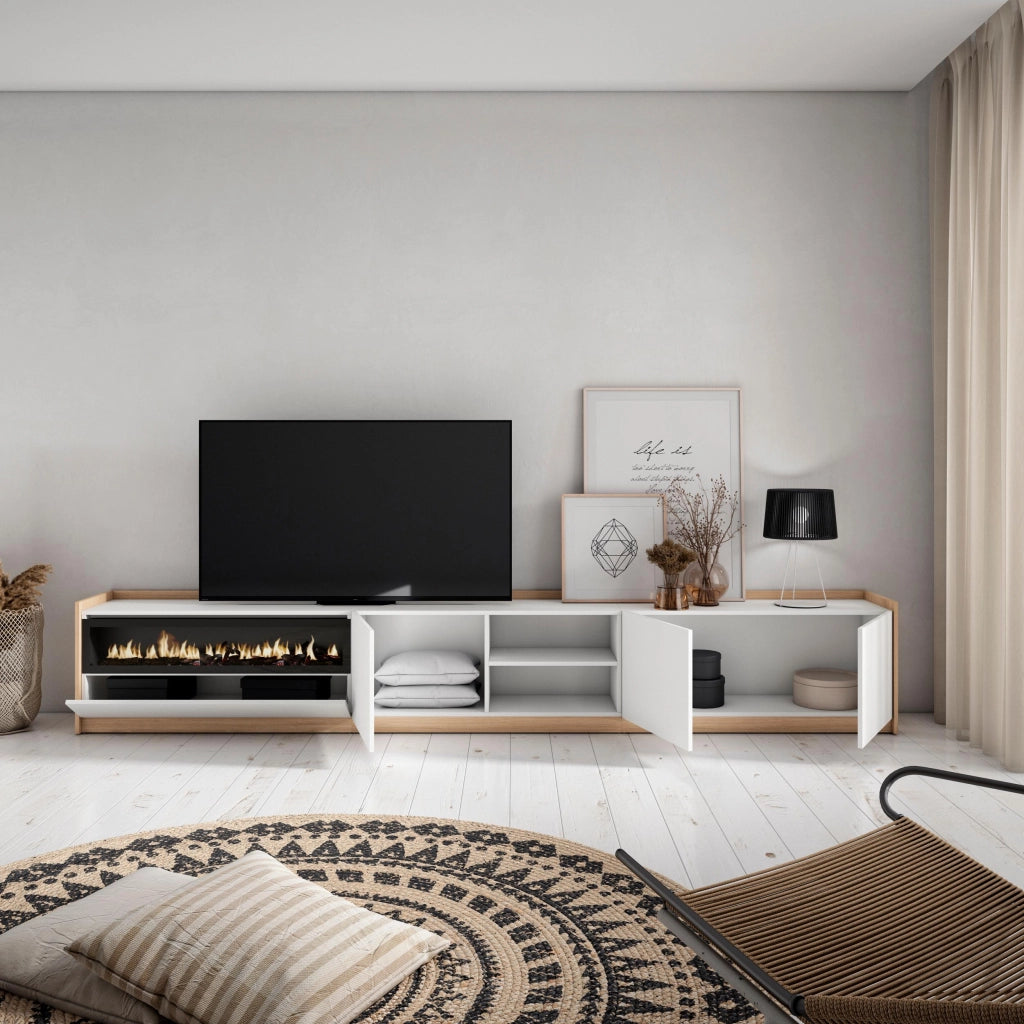 Mobile TV Soggiorno, 310x50x37 cm, Per TV fino a 80", Camino elettrico, Bianco e Rovere soft