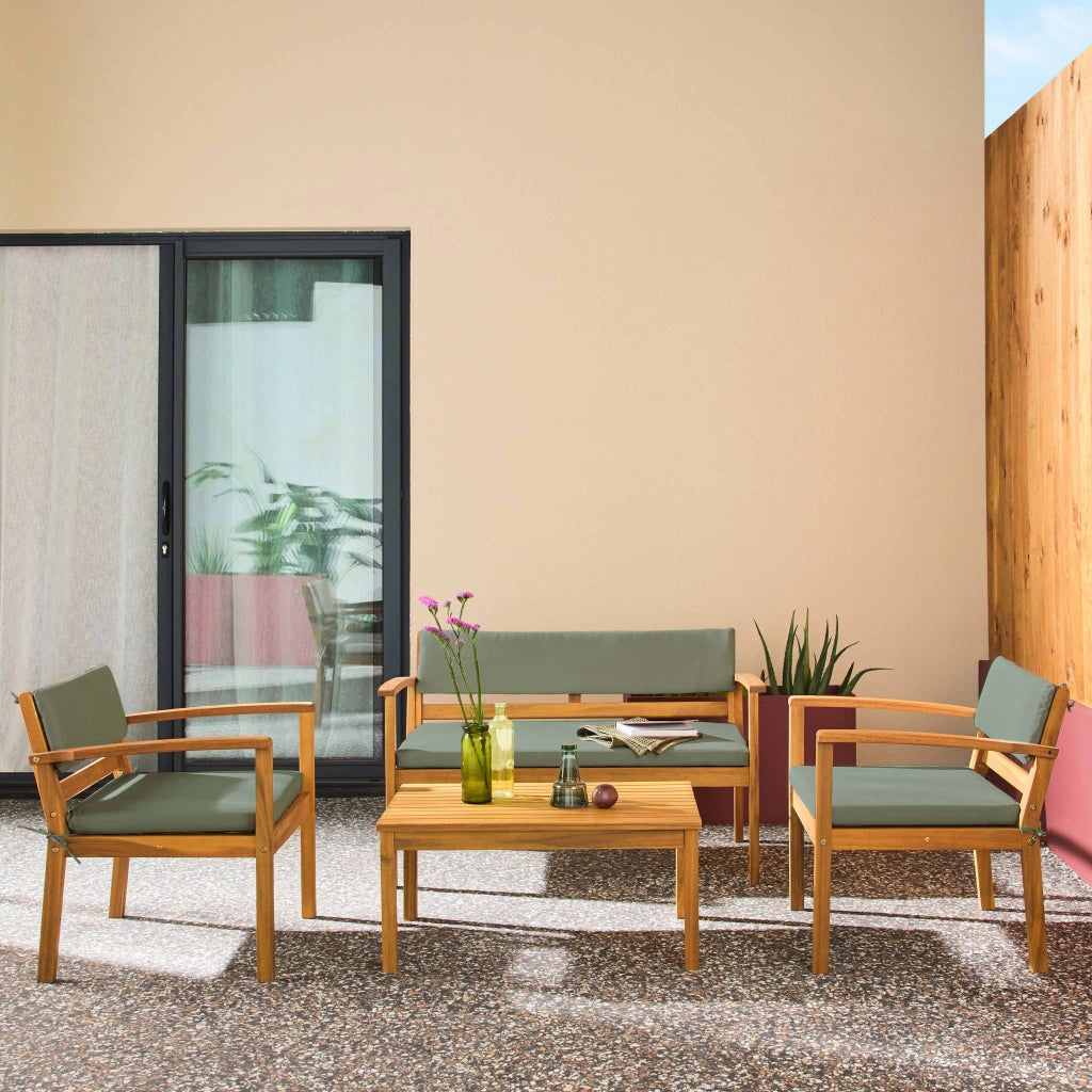 Salotto da giardino in legno di acacia, 4 posti, verde kaki