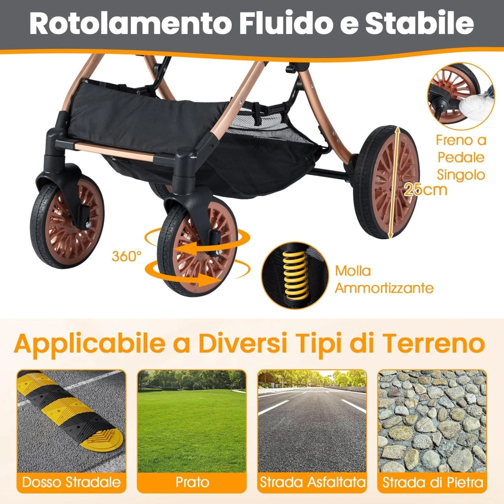 Passeggino Pieghevole per Cani 3 in 1, Carrozzino per Animali con Portapacchi Rimovibile, Tettuccio, Cuscino Rimovibile, Cintura di Sicurezza, Cestino e Portabicchiere, Portata 25 kg