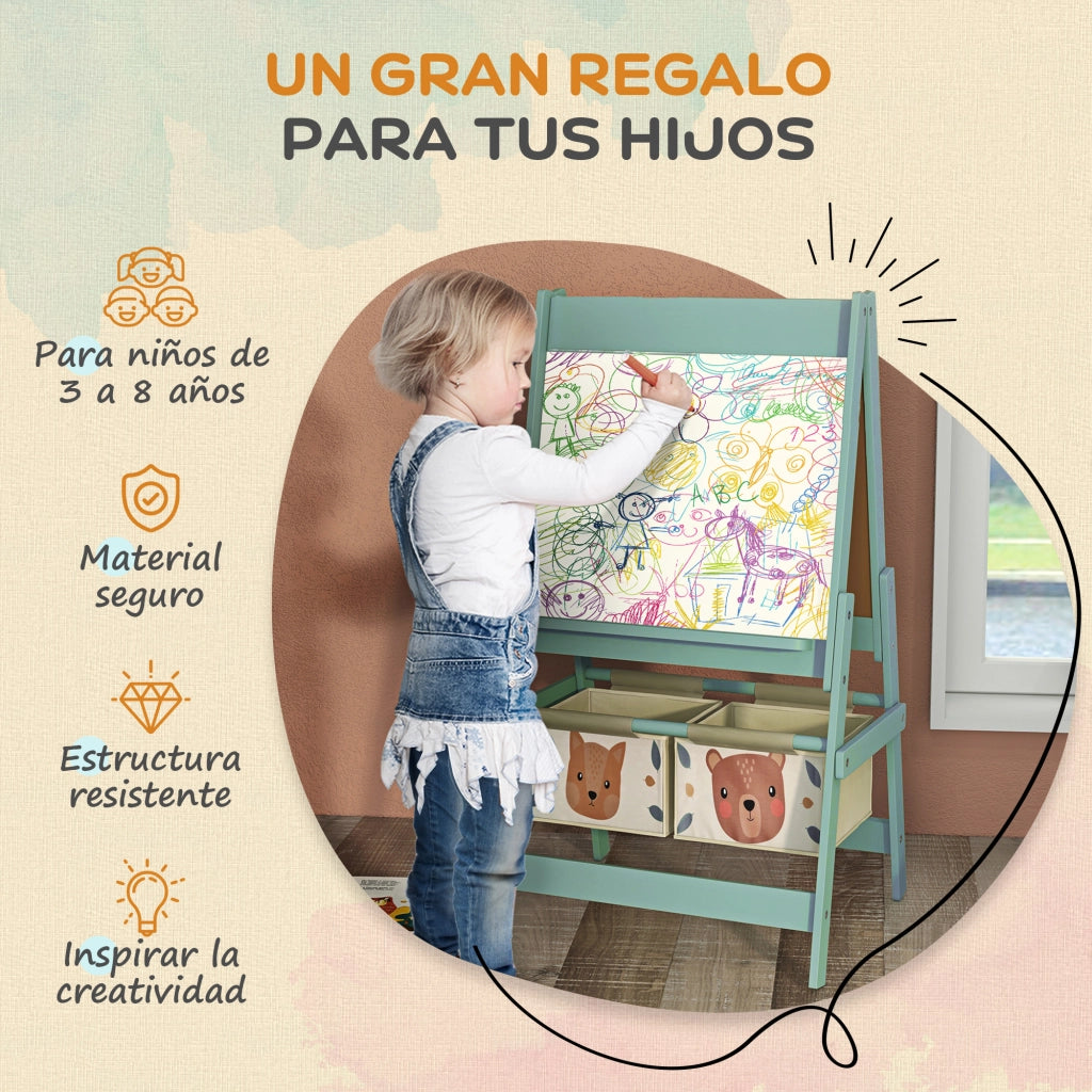 Cavalletto 3 in 1 per Bambini con Lavagne e Cestino ¨C Zephmum ¨C Verde 54x46.5x93 cm