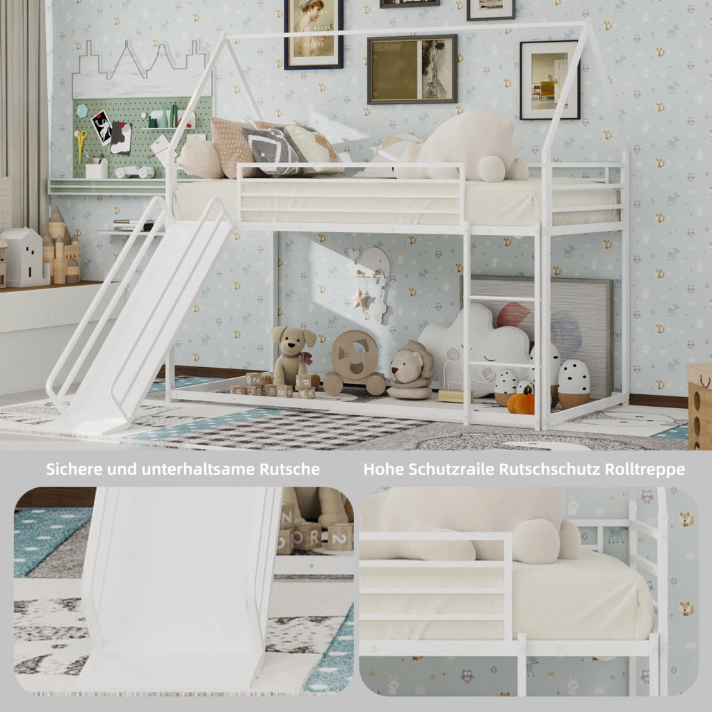 Letto a Castello 90x190 cm; 2 Posti; con Scivolo e Scale - in Ferro - Bianco