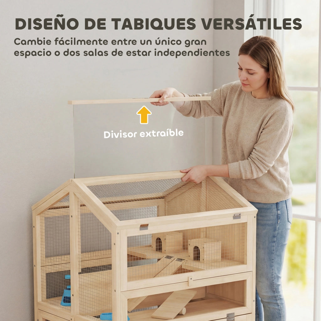 Casetta per Criceti 3 Livelli in Legno con Bebederi, Scivoli, Cassetto Estraibile ¨C Zephmum ¨C Naturale