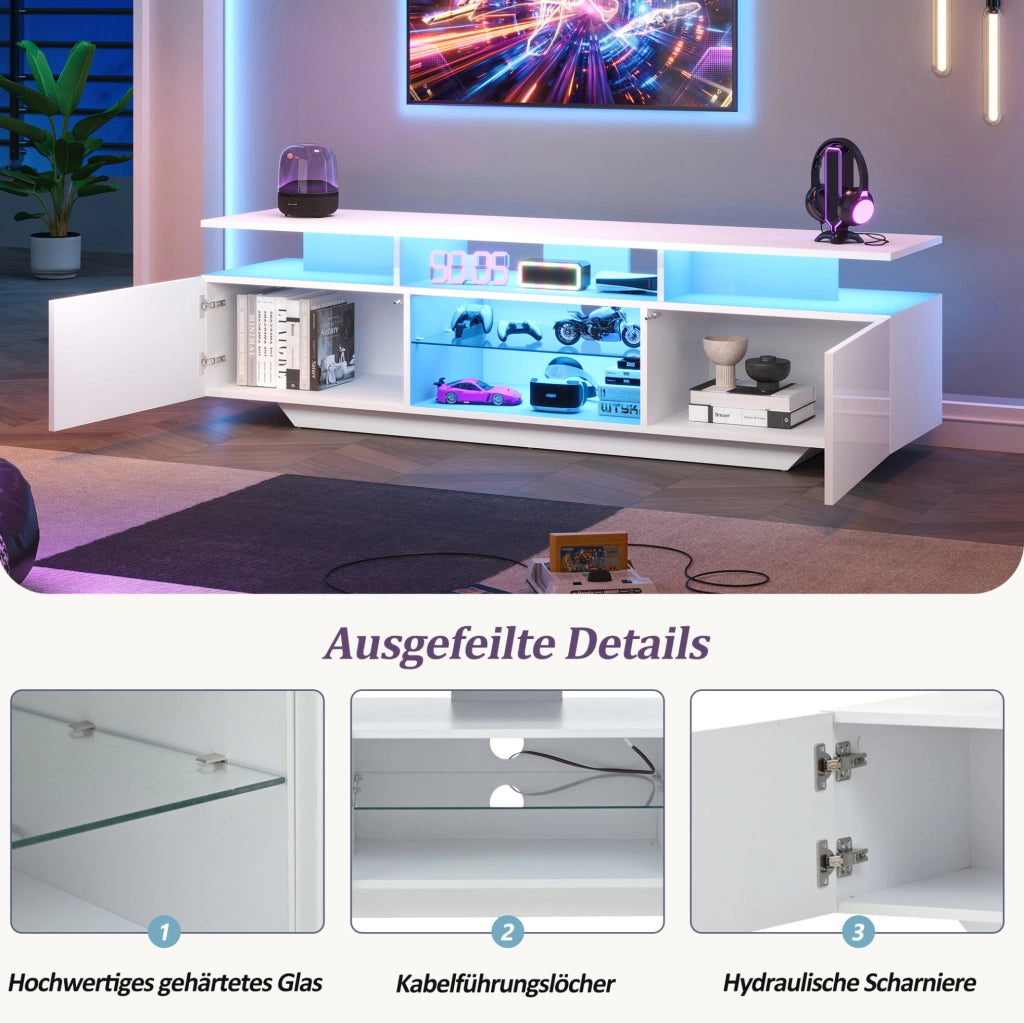 Mobile TV bianco 160 cm con LED, 2 armadietti e 8 ripiani