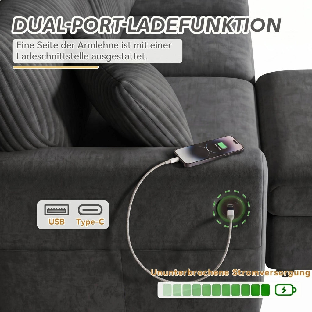 Divano con pouf; USB e Type-C; 223×146×84 cm; ciniglia e velluto a coste; grigio