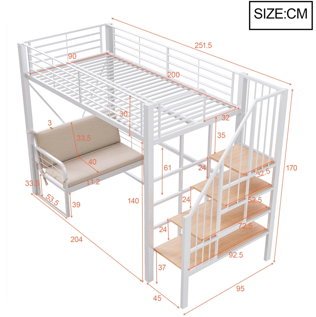 Letto a castello 90x200 cm in metallo con divano e scala contenitore
