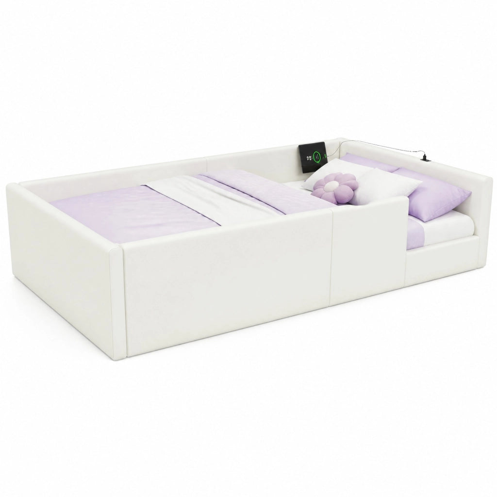 Letto singolo imbottito 90 × 200 cm con barriera, ricarica USB e tipo C, senza materasso, in MDF e PU, bianco