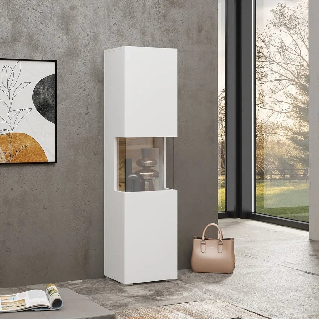 Vetrina 1 porta parzialmente vetrata collezione EVA. Colore bianco e rovere.