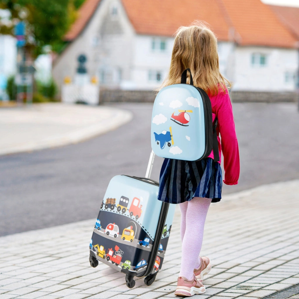 Set di 2 valigie per bambini con ruote con zaino con spallacci regolabili, Bagaglio da viaggio con motivi carini Blu e Blu Scuro-Bagagli e borse
