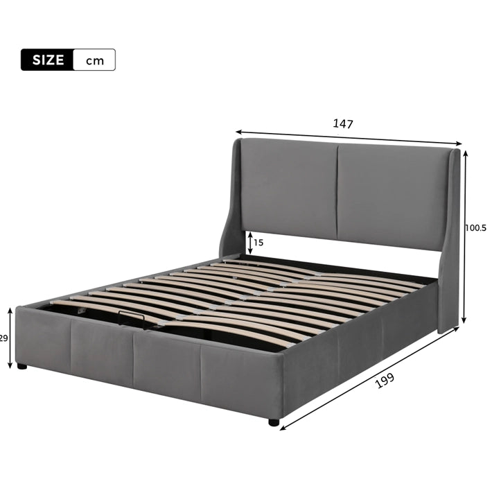 Letto contenitore 140x190 cm; testiera a orecchie; velluto grigio (Senza materasso)