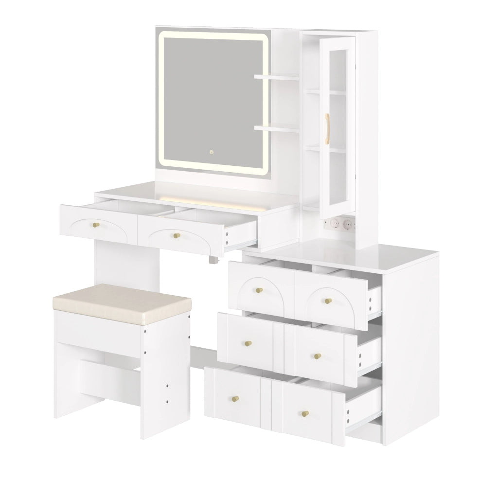 Tavolo da trucco moderno con specchio LED, 8 cassetti, vetrinetta in vetro e sgabello