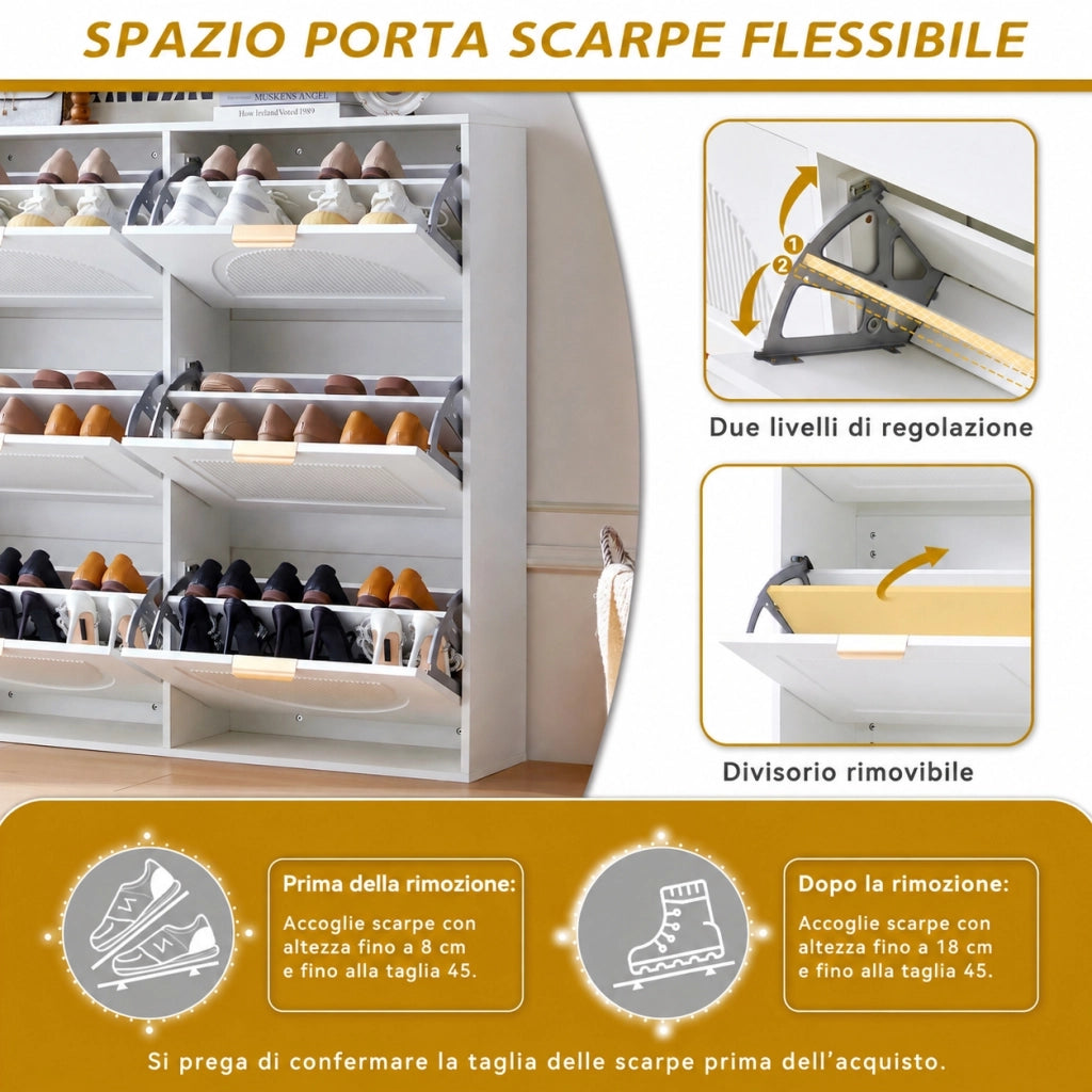 Scarpiera bianca con 6 ribalte, 118 per 25 per 115 cm, MDF e truciolare, ripiani regolabili