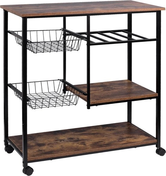 Carrello da cucina con ruote - servizio pratico con contenitori e sistema di frenatura - robusto e stile - legno nero - 80x40x86 cm