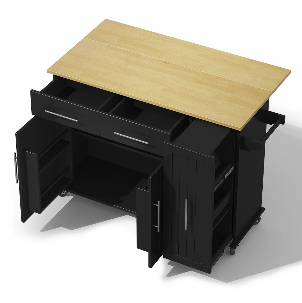 Isola da cucina mobile con piano pieghevole; organizer estraibile a 3 livelli; MDF; nero e naturale