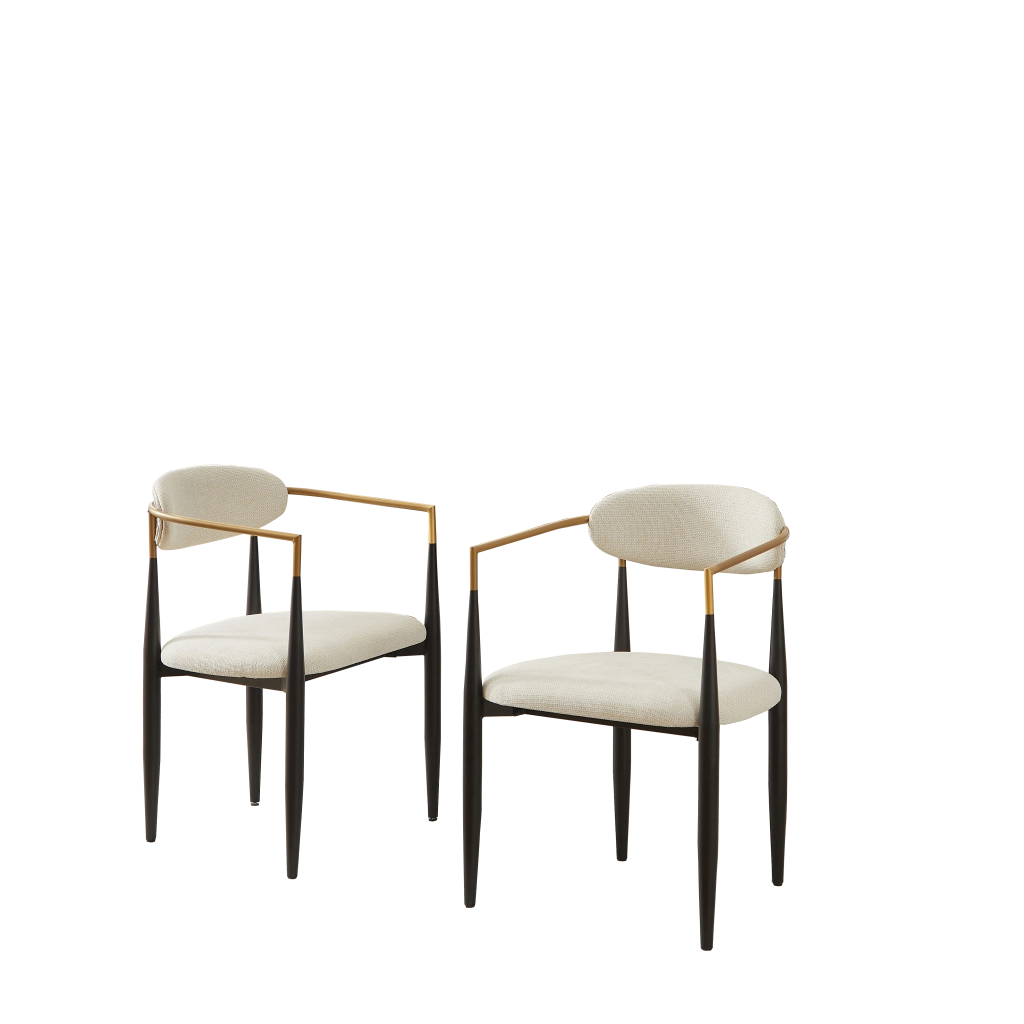 Sedia da pranzo con cuscini in tessuto; altezza regolabile e struttura in metallo nero e oro; beige