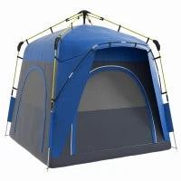 Tenda da Campeggio Familiare 4 Persone Tenda Cupola Impermeabile Leggera, Ventilata Facile da Montare Pop-up 4 Finestre Parasole, Dim, 2,4 L x 2,4 L x 1,99 H M Fibra di Vetro Poliestere Grigio Blu