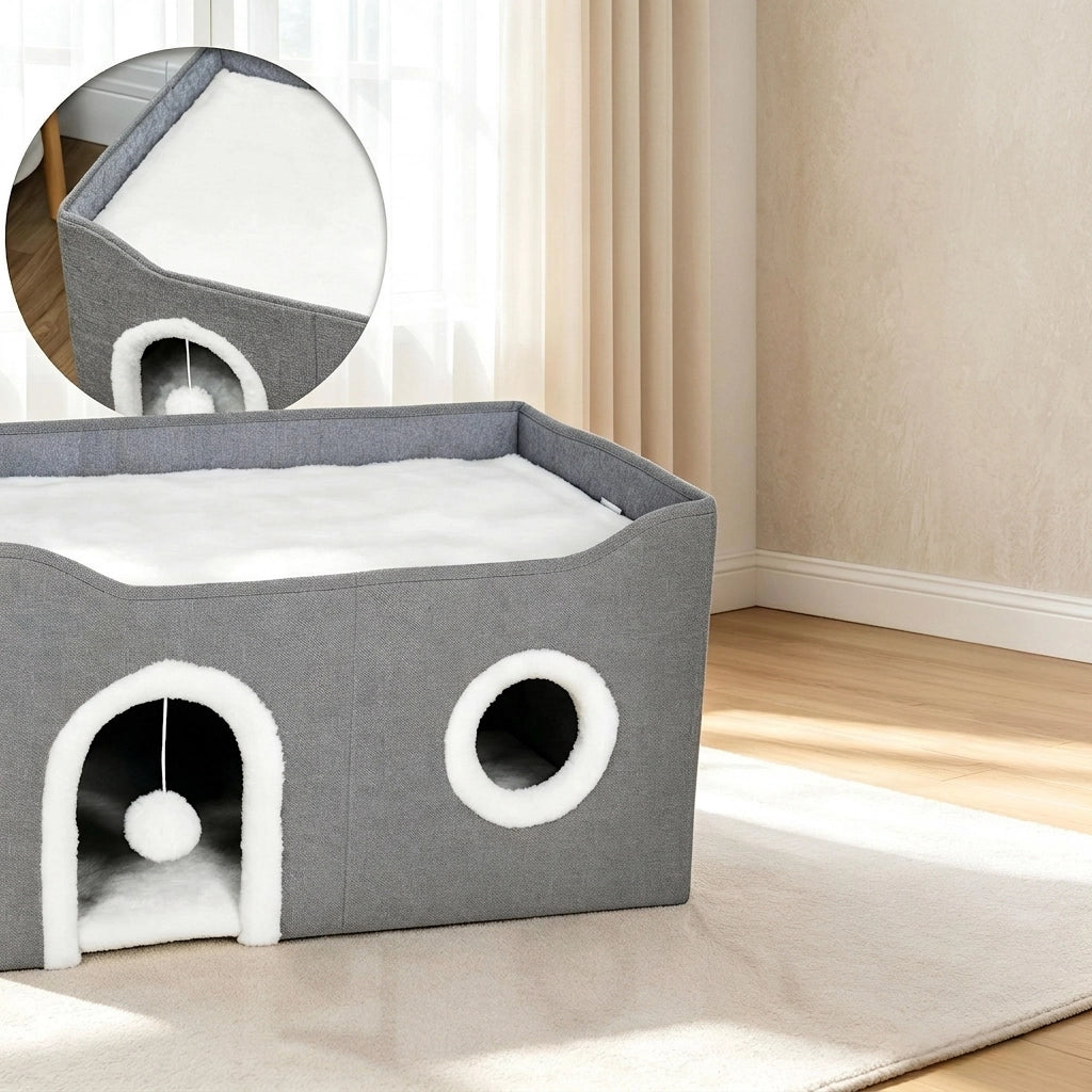 Cuccia per Gatti Pieghevole in MDF con Tiragraffi e Cuscino; 60x40x34 cm; Grigio