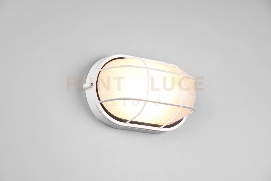 ALGI PLAFONIERA APPLIQUE DA ESTERNO OVALE FUSIONE DI ALLUMINIO BIANCA CON GRIGLIA E VETRO SATINATO L.28,3CM IP44  1 LUCE ATTACCO E27