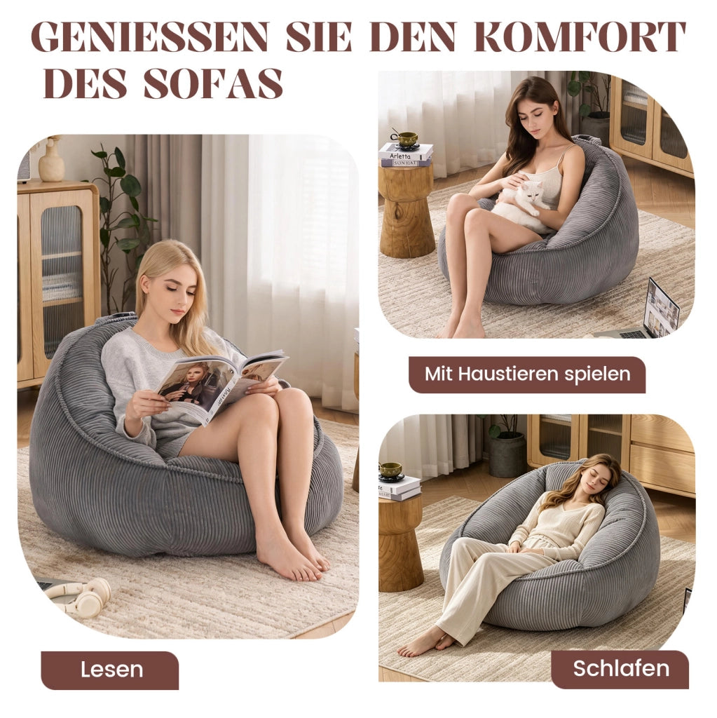 Pouf a pera ergonomico 90x90x59 cm in tessuto a coste grigio， memory foam
