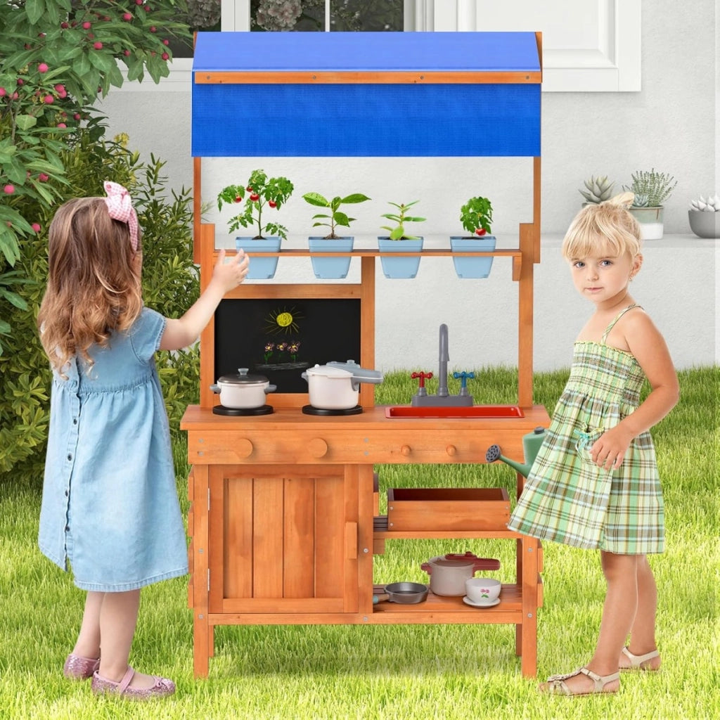 Cucina da gioco in legno cucina da gioco con tetto regolabile, Lavagna tazze per piante fornelli Naturale 136x77x56,5 cm-Cucine giocattoli