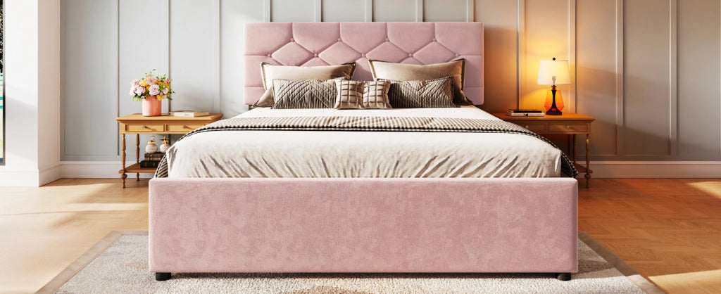 Letto imbottito 140x200 cm con rete a doghe e letto estraibile, rosa, design minimalista
