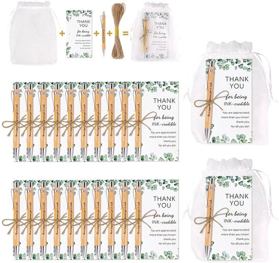 Set di 24 penne di fortuna - Ringraziamenti e regali di addio per colleghi e insegnanti - Sacchetti di organza e biglietti di auguri