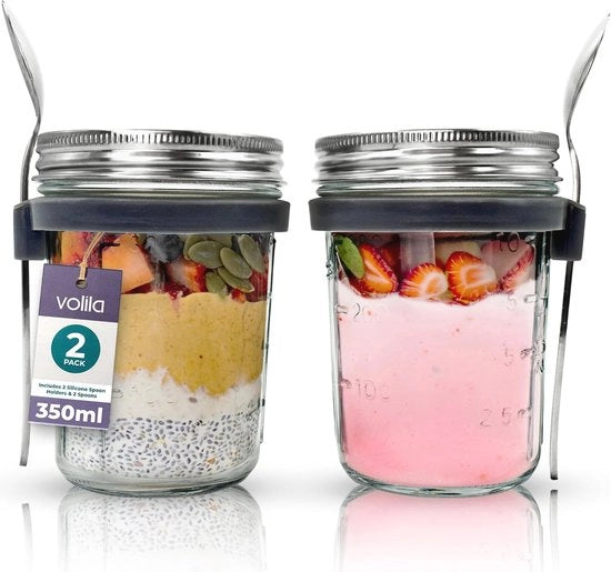 Set di contenitori in vetro per colazione - Insieme da 2 con cucchiaio - Ideale per overnight oats, smoothies e spuntini