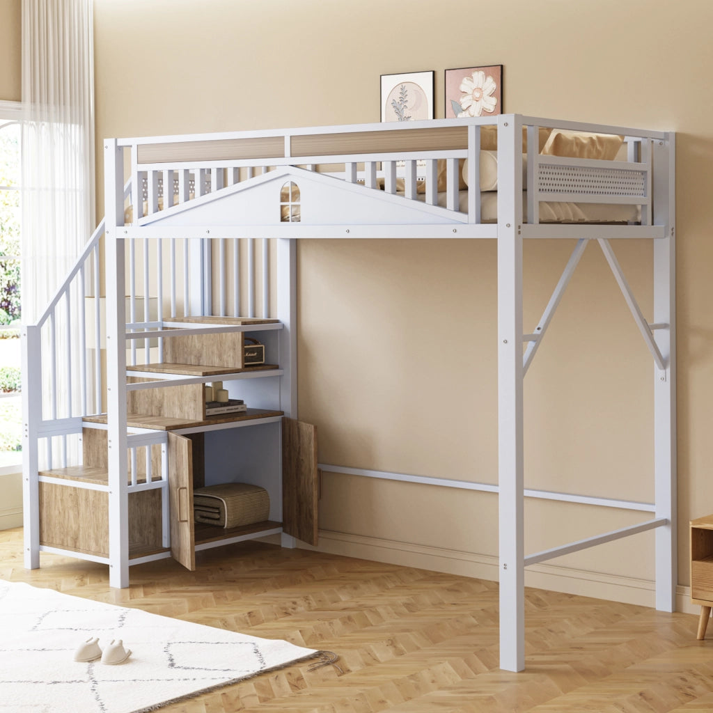 Letto a castello metallo e legno bianco con funzione contenitore 90x200 cm