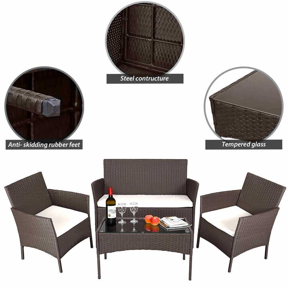 Set da Giardino 4pz in Polyrattan 2 Poltrone 1 Tavolino 1 Divano uso Esterno Marrone